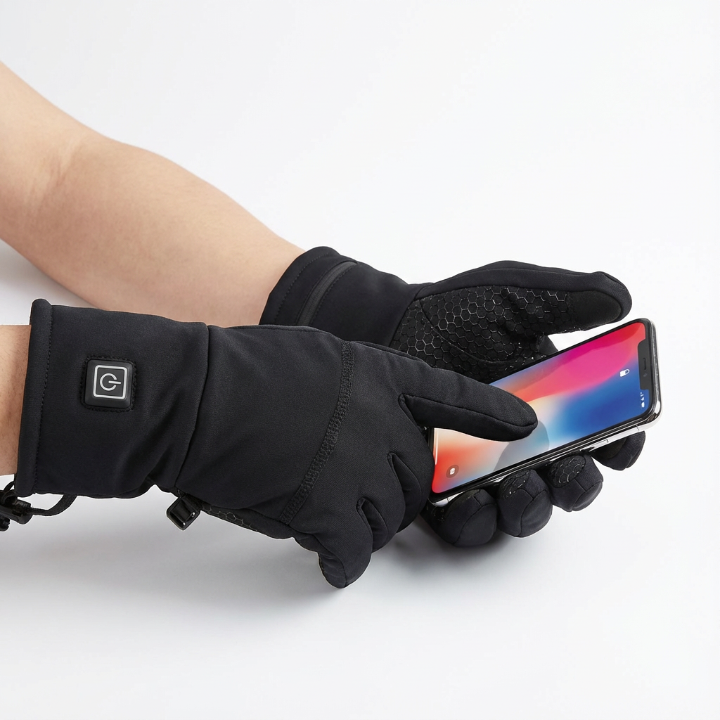 Hands in Wildler Heated Gloves using a smartphone with touchscreen-compatible fingertips