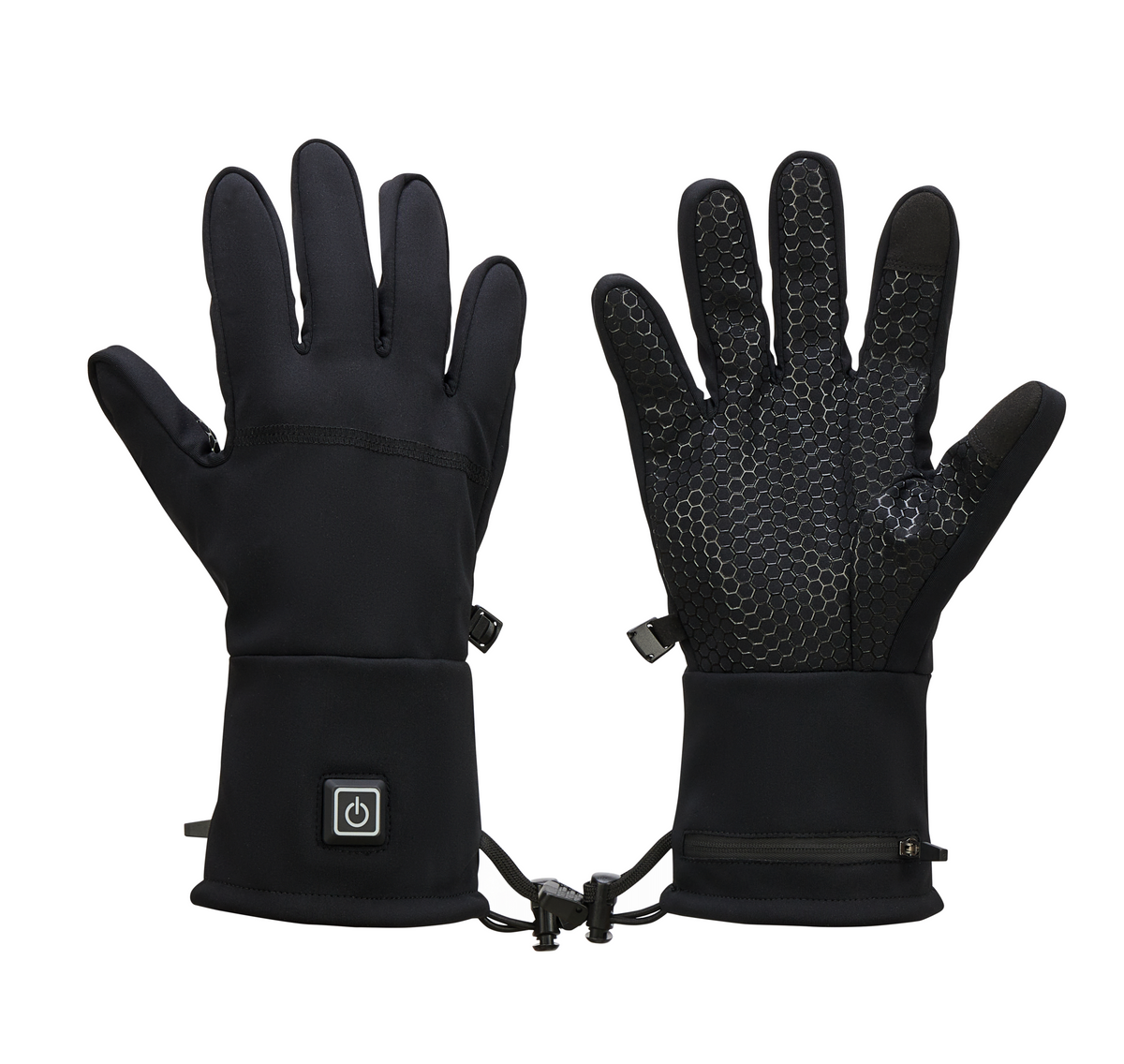 Wildler Heated Gloves in black, back and palm views, showing the power button on the cuff and silicone grip palm