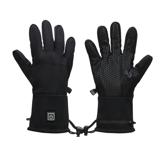 Wildler Heated Gloves in black, back and palm views, showing the power button on the cuff and silicone grip palm