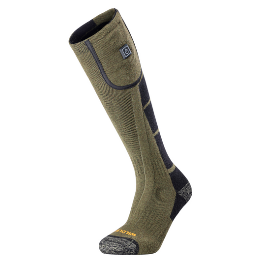 Wildler Heated Socks in Green, single sock side view showing the knit merino-blend leg, cuff battery pocket with power button, dark side panels and grey heathered toe