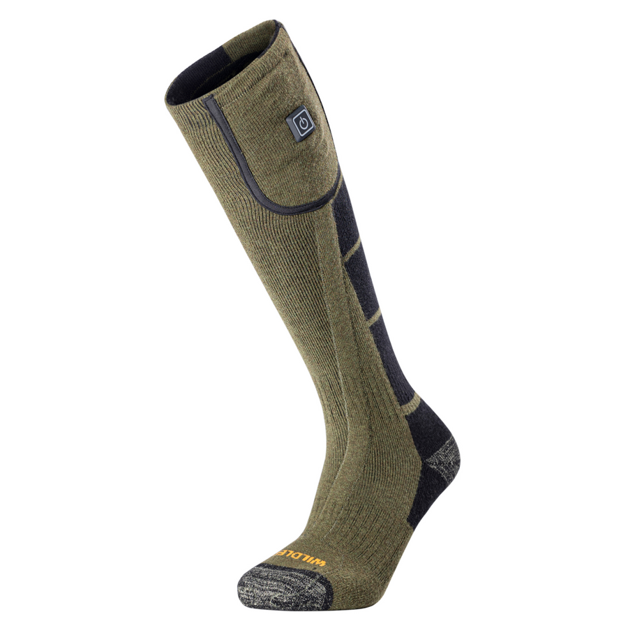Wildler Heated Socks in Green, single sock side view showing the knit merino-blend leg, cuff battery pocket with power button, dark side panels and grey heathered toe