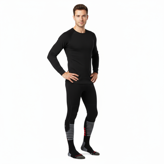 Man in black base layers wearing Heated Socks with Wireless Control, full-length studio shot