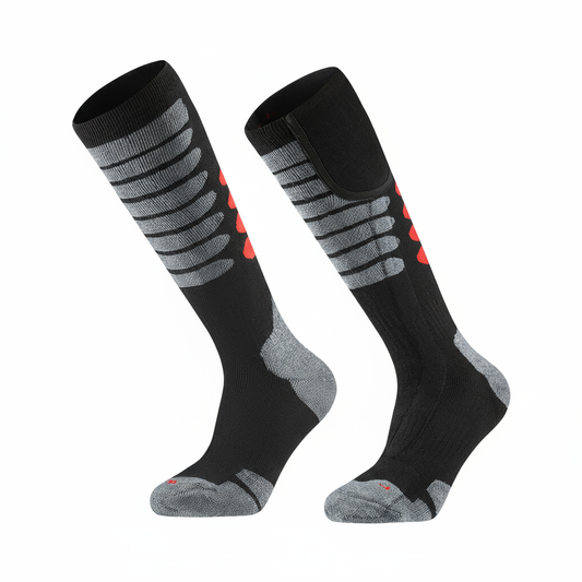 Pair of Heated Socks with Wireless Control in black with grey stripes, red accents and grey heel and toe