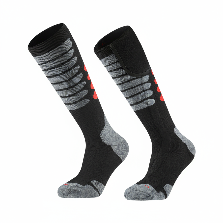 Pair of Heated Socks with Wireless Control in black with grey stripes, red accents and grey heel and toe