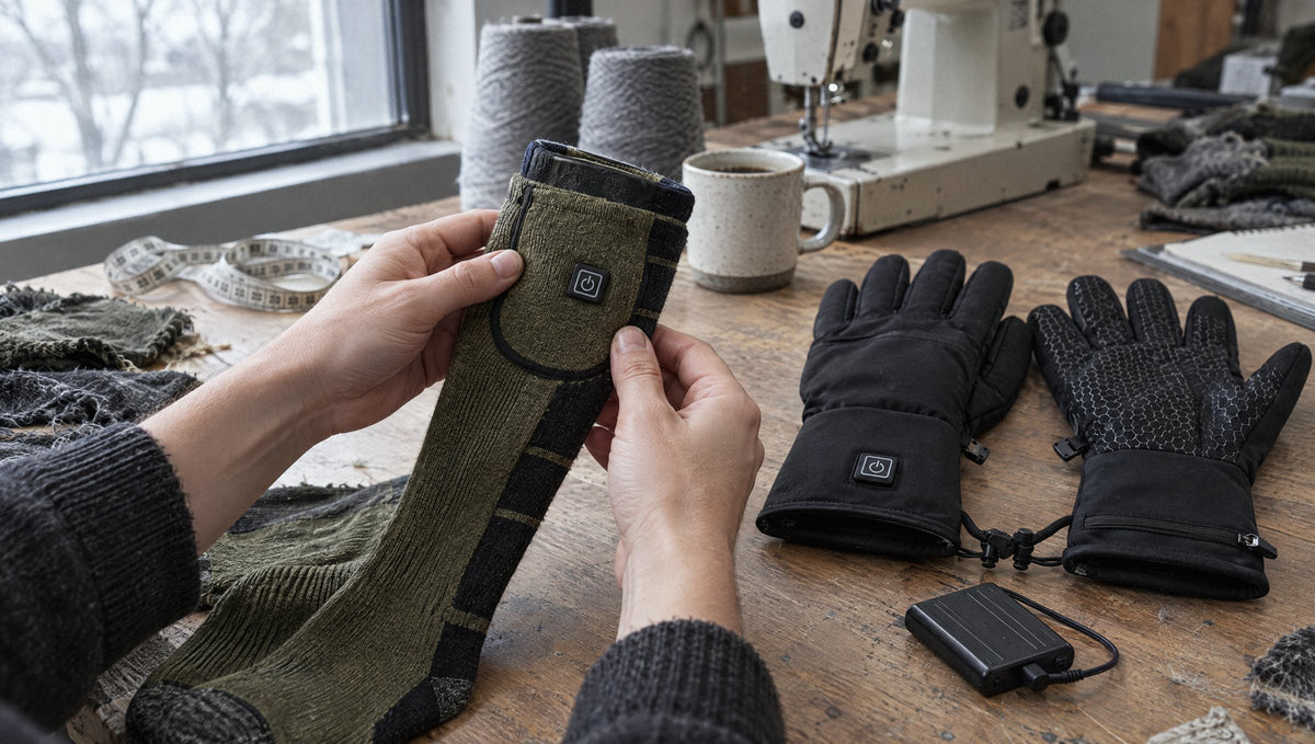 Designer inspecting the battery pocket of a green Wildler heated sock at a workbench beside heated gloves and a battery pack