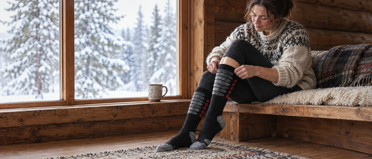 Woman in a log cabin pulling on Wildler wireless heated socks beside a snowy window