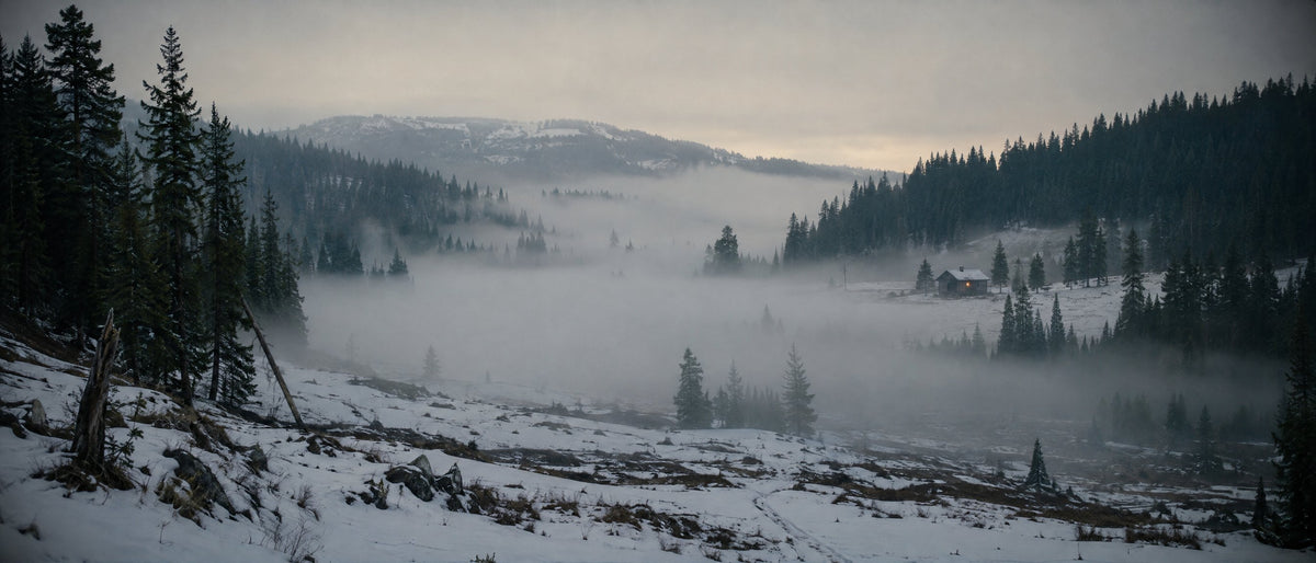 Foggy snowy pine valley with a small cabin at dawn