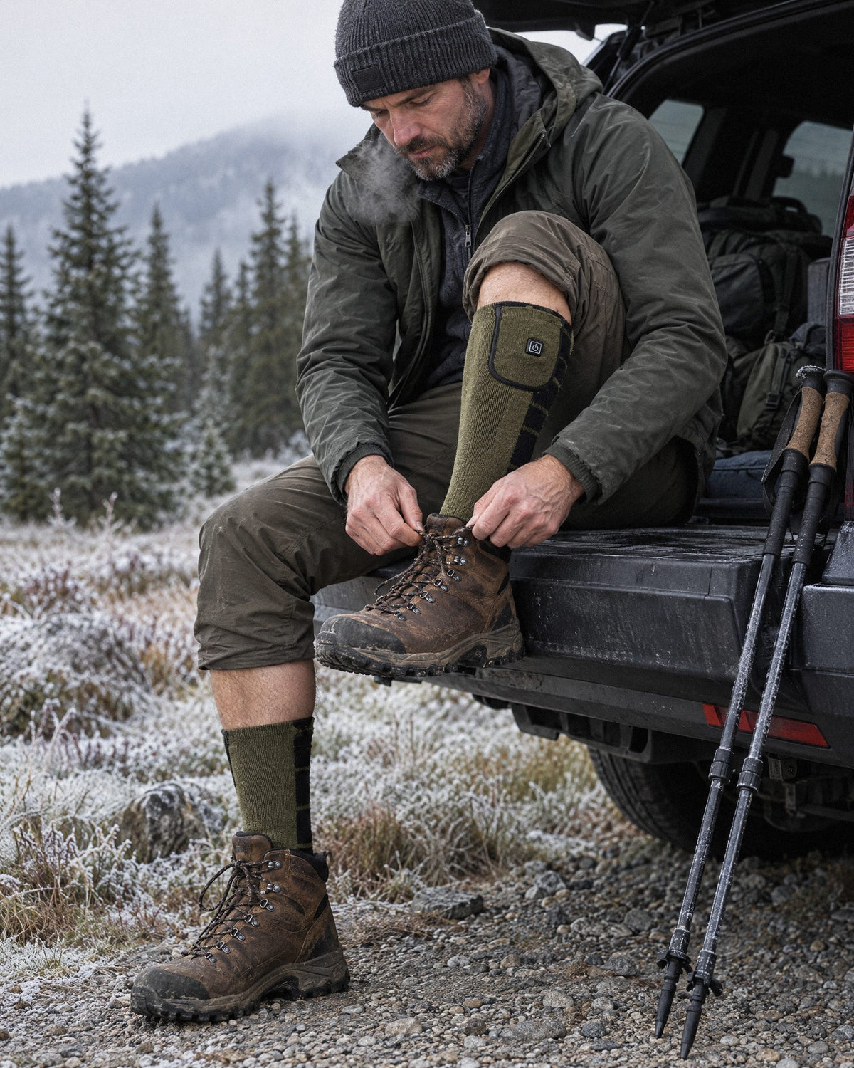 Hiker on a car tailgate lacing hiking boots over olive Wildler heated socks on a frosty morning